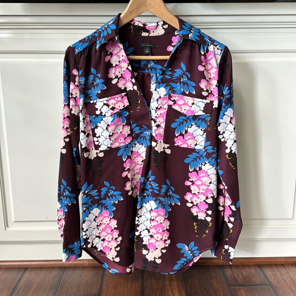 Ann Taylor Long Sleeve Maroon Pink White Blue Blouse